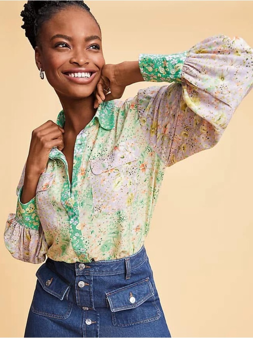 Loft floral patchwork Printed Puff-Sleeve Button-Up Blouse - Green Multi